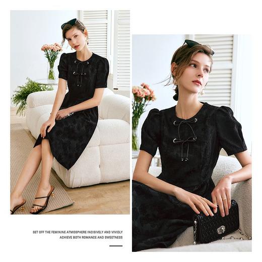 欧芮儿黑色连衣裙女夏季2022年新款收腰气质复古泡泡袖中国风裙子 商品图1