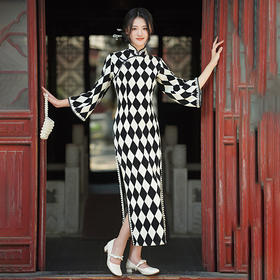 GSJ-3107秋冬款上新改良旗袍喇叭袖复古高开叉性感修身裙