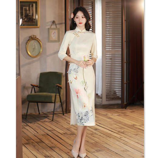 麂皮绒年轻少女款，长款印花旗袍GX-178537 商品图0