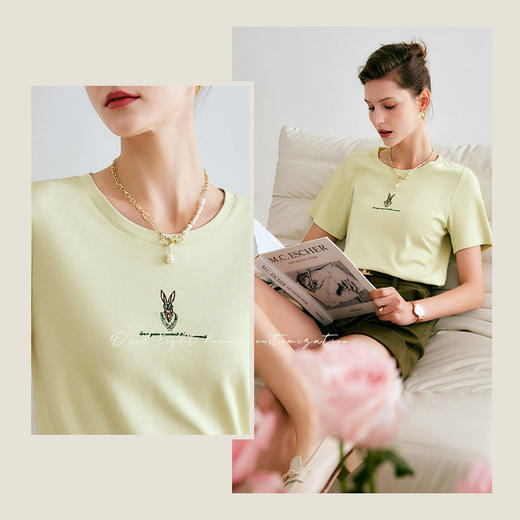 欧芮儿刺绣短袖T恤女夏季2022年新款时尚兔子冰爽双面针织上衣 商品图0