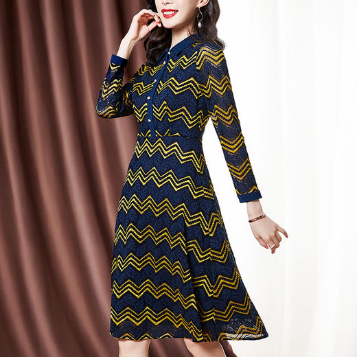 ZS-1589新款春秋季双色波浪条纹长袖连衣裙女休闲翻领中长款条纹裙子 商品图0