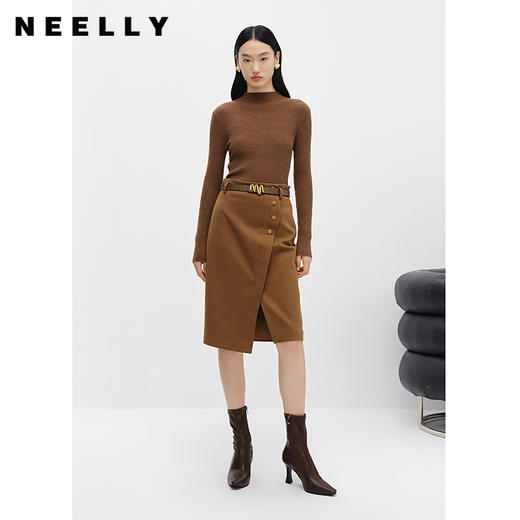 NEELLY纳俪商场同款高腰半身裙女中长款下开叉设计A字裙百搭时尚N22102E01061 商品图1