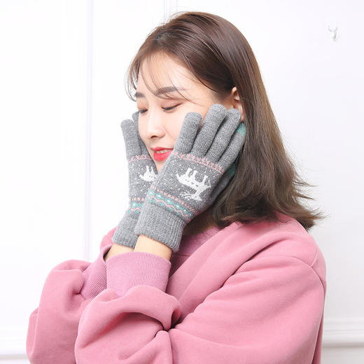 2022秋冬季新款触屏针织保暖手套  可爱卡通小鹿提花户外骑行手套 商品图1