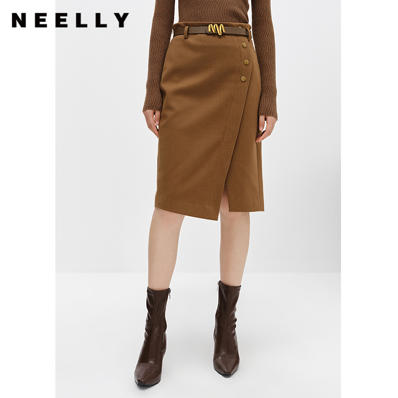 NEELLY纳俪商场同款高腰半身裙女中长款下开叉设计A字裙百搭时尚N22102E01061
