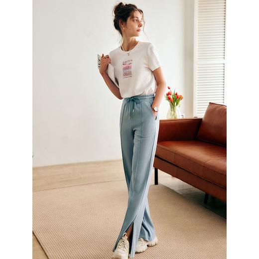 欧芮儿针织休闲裤女夏季2022新款高腰直筒开叉阔腿运动抽绳拖地裤 商品图0