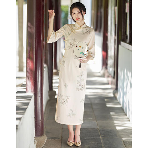 GSJ-3097全开襟一片式复合绒长款旗袍裙改良复古日常优雅年轻款 商品图4