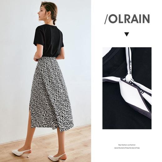 欧芮儿黑色短袖T恤女夏季2022新款宽松时尚丝巾系带气质休闲上衣 商品图3