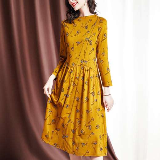 ZS-3893秋季新款大码貂绒连衣裙女碎花中长款洋气打底裙加厚修身裙子 商品图1
