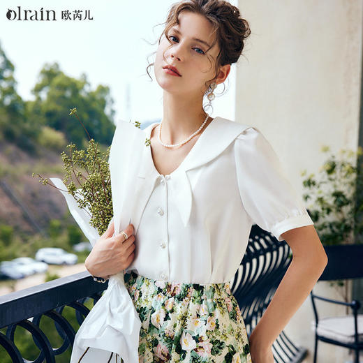 OLrain法式高级穿搭白色短袖衬衫女夏季2022年新款时尚娃娃领上衣 商品图5