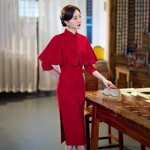 GSJ-3099新款秋款七分袖套装复古改良中式礼仪红色宴会旗袍 商品图0