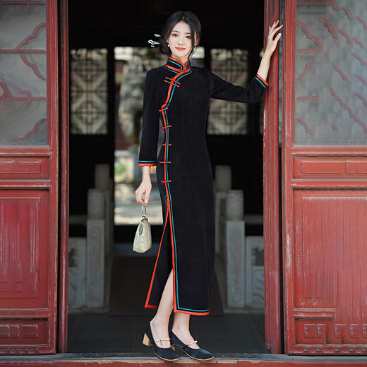 GSJ-3114秋冬季新款女装长款旗袍高开叉立领修身日常连衣裙 商品图1