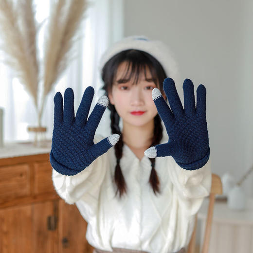 冬季针织毛线女士触屏手套韩版情侣款百搭加绒加厚保暖手套 商品图1