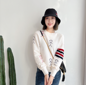 羊毛高端版 火柴人刺绣圆领经典个性休闲毛衣时尚套头针织上衣