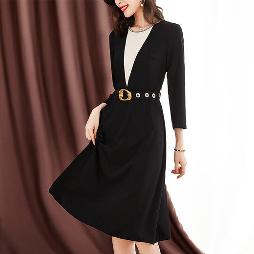 新款连衣裙轻熟腰带收腰拼接显瘦中长黑色裙子ZS-1050 商品图3
