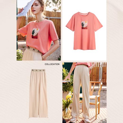 欧芮儿休闲裤女夏季2022新款高腰时尚宽松松紧腰直筒阔腿运动裤子 商品图3