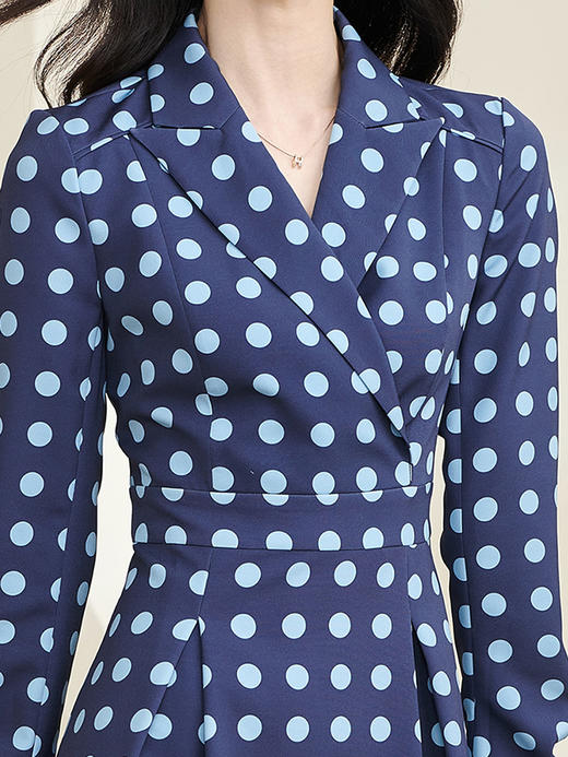 剩S/M/L 米思阳2025春季新款气质波点西装领连衣裙收腰显瘦长袖A字裙2745 商品图4