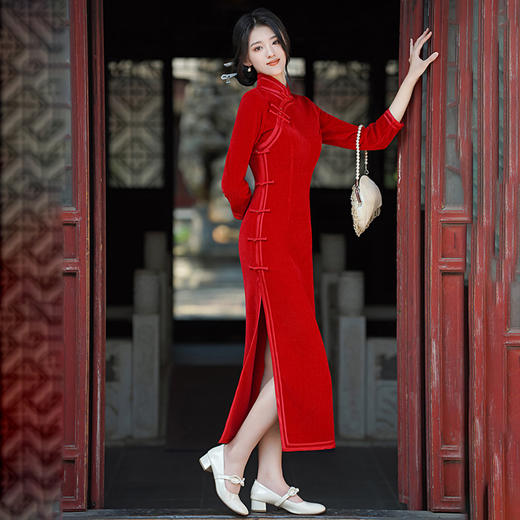 GSJ-3114秋冬季新款女装长款旗袍高开叉立领修身日常连衣裙 商品图2