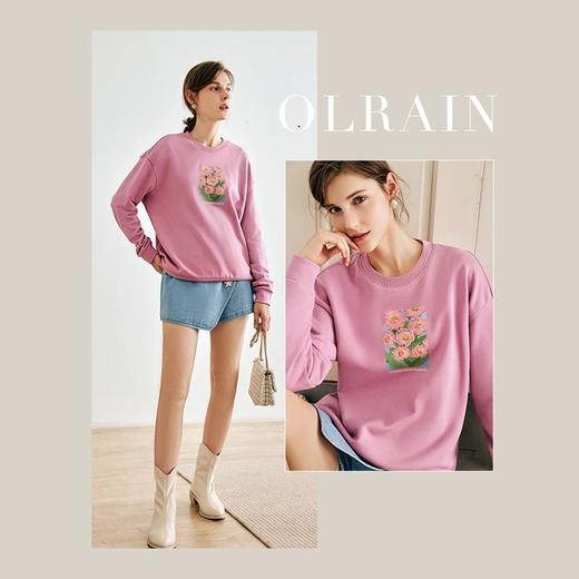 OLrain欧芮儿法式玫粉色卫衣女秋季2022新款美式洋气减龄圆领上衣 商品图0