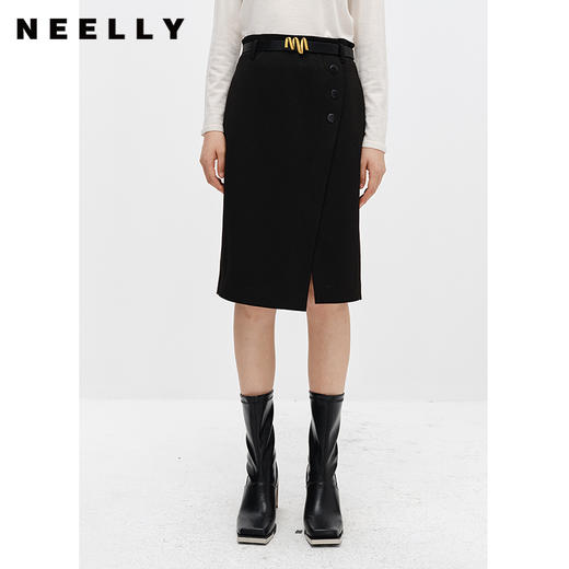 NEELLY纳俪商场同款高腰半身裙女中长款下开叉设计A字裙百搭时尚N22102E01061 商品图2