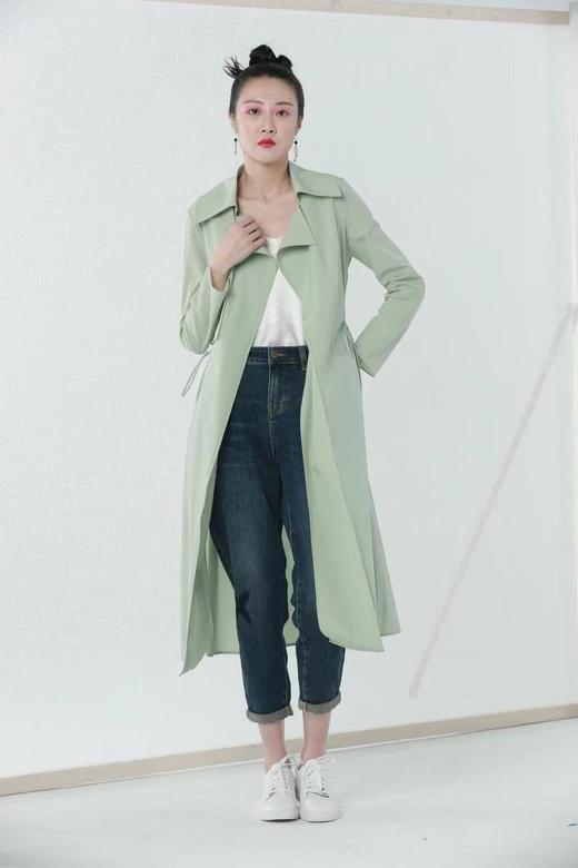 【伯妮斯茵】竹青色百搭气质中长款修身长袖翻领时尚过膝风衣 3D5781 商品图8