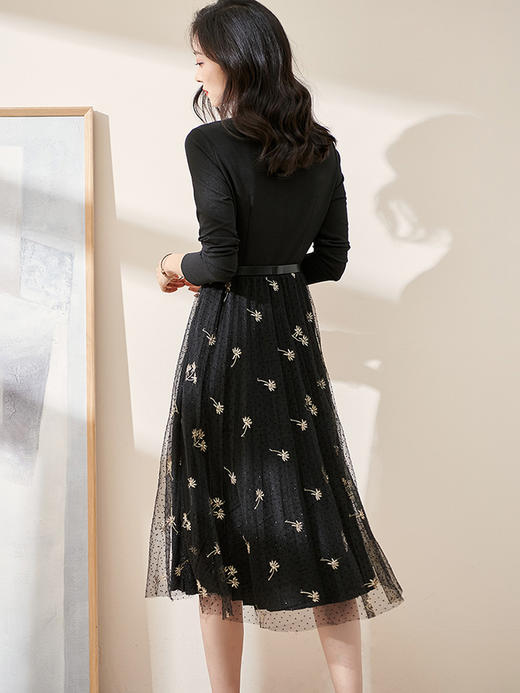 剩S/M/XL 米思阳2026春新款气质淑女拼接网纱连衣裙显瘦中长飘逸裙子0520 商品图3