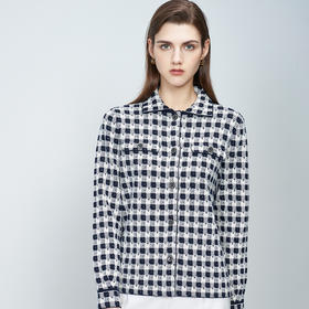 【100%山羊绒外套】羊绒世家22年秋冬新品女士翻领长袖外套经典黑白格子针织外套