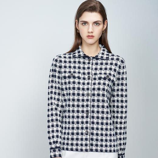 【100%山羊绒外套】羊绒世家22年秋冬新品女士翻领长袖外套经典黑白格子针织外套 商品图0