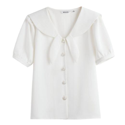 OLrain法式高级穿搭白色短袖衬衫女夏季2022年新款时尚娃娃领上衣 商品图4