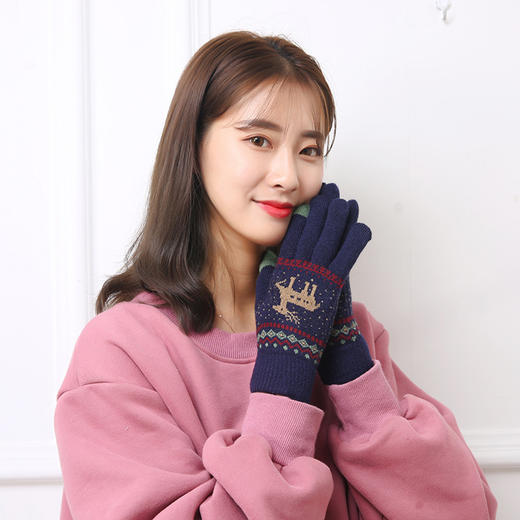 2022秋冬季新款触屏针织保暖手套  可爱卡通小鹿提花户外骑行手套 商品图2