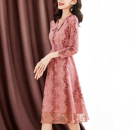 ZS-2029新款大码刺绣蕾丝连衣裙蕾丝绣花收腰气质粉色中长裙 商品图1