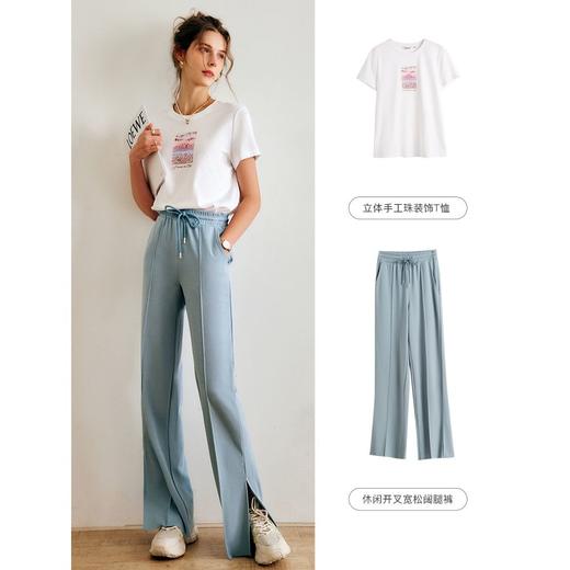 欧芮儿针织休闲裤女夏季2022新款高腰直筒开叉阔腿运动抽绳拖地裤 商品图1