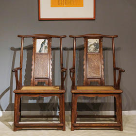 清 红木镶瘿木嵌云石三攒靠背大四出头官帽椅（一对）