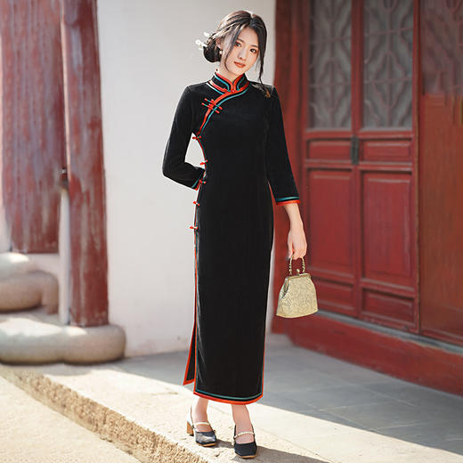 GSJ-3114秋冬季新款女装长款旗袍高开叉立领修身日常连衣裙 商品图3