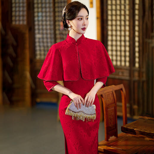 GSJ-3099新款秋款七分袖套装复古改良中式礼仪红色宴会旗袍 商品图2