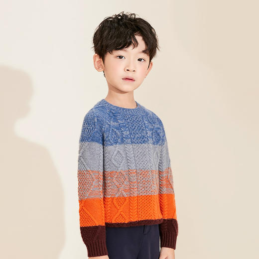 【立体绞花条纹撞色羊绒衫】羊绒世家童装纯羊绒衫秋冬新款童装针织保暖加厚毛衣 商品图2
