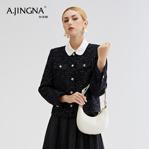 【商城同款】阿菁娜秋冬新款经典小香风可拆卸真丝圆领短款箱型粗花呢外套A27Q107033 商品图4