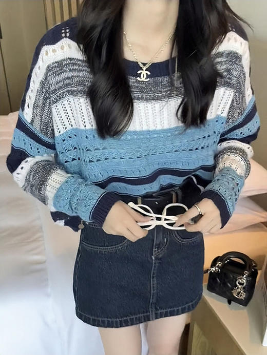 2023年早秋新款条纹软糯镂空针织衫女设计感小众休闲长袖上衣ao90 商品图4