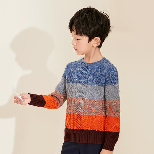 【立体绞花条纹撞色羊绒衫】羊绒世家童装纯羊绒衫秋冬新款童装针织保暖加厚毛衣 商品图4
