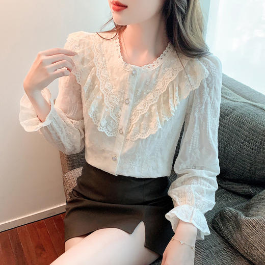 设计感小众纯色衬衫，秋季新款时尚立领上衣洋气蕾丝打底衫KQL-9702 商品图0