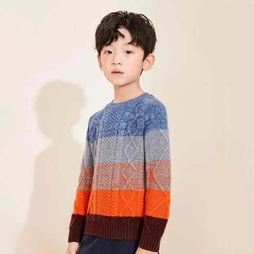 【立体绞花条纹撞色羊绒衫】羊绒世家童装纯羊绒衫秋冬新款童装针织保暖加厚毛衣 商品图3