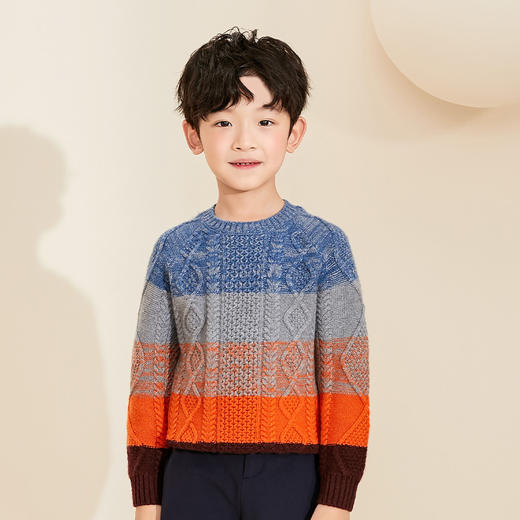 【立体绞花条纹撞色羊绒衫】羊绒世家童装纯羊绒衫秋冬新款童装针织保暖加厚毛衣 商品图1