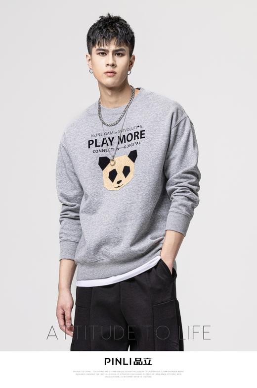 PINLI品立秋冬新款熊猫植绒套头卫衣男士印花圆领长袖上衣潮BG223209013 商品图0