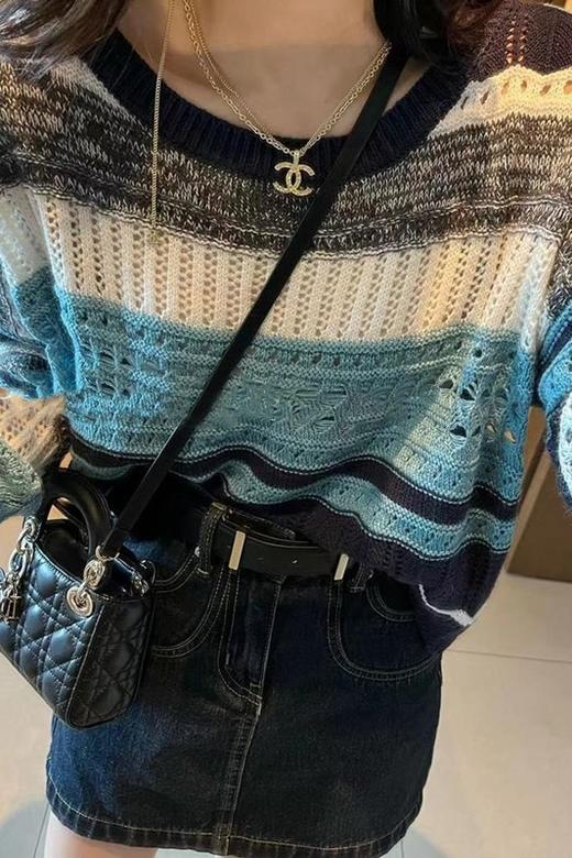 2023年早秋新款条纹软糯镂空针织衫女设计感小众休闲长袖上衣ao90 商品图5