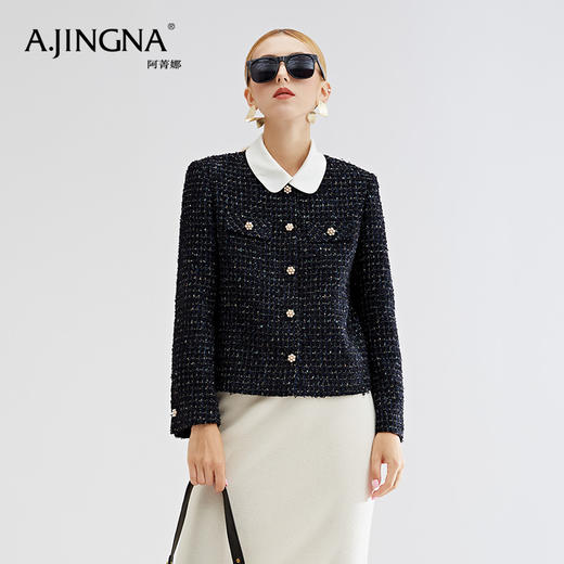 【商城同款】阿菁娜秋冬新款经典小香风可拆卸真丝圆领短款箱型粗花呢外套A27Q107033 商品图2