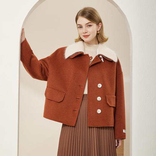 MH9M3斯尔丽瑟俪2022年冬上新商场同款短款针织可脱卸娃娃领牛角扣大衣 商品图0