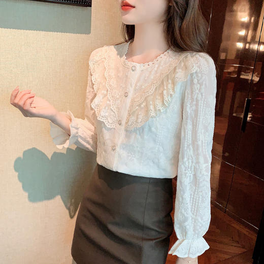 设计感小众纯色衬衫，秋季新款时尚立领上衣洋气蕾丝打底衫KQL-9702 商品图3