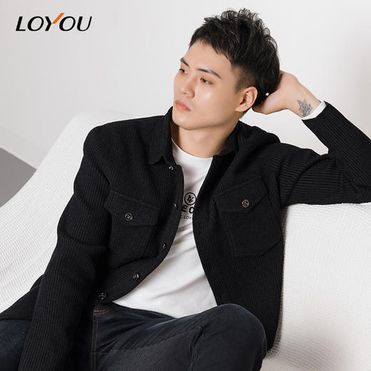 LOYOU/朗逸22秋冬新品夹克男简约百搭黑色翻领夹克休闲外套 商品图0