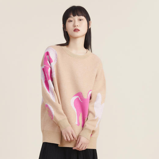 谜底套头针织衫2022秋新款圆领宽松时尚爱心图案毛衣女223MZ1351 商品图3