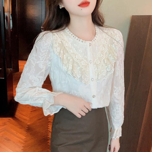 设计感小众纯色衬衫，秋季新款时尚立领上衣洋气蕾丝打底衫KQL-9702 商品图2