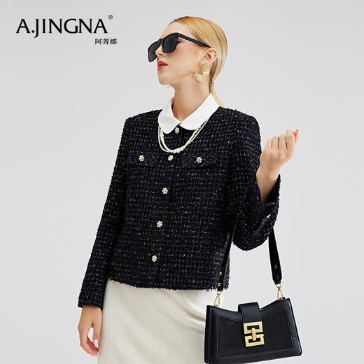 【商城同款】阿菁娜秋冬新款经典小香风可拆卸真丝圆领短款箱型粗花呢外套A27Q107033 商品图0